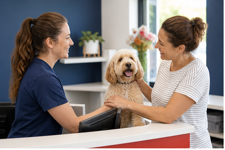 Affordable veterinary care consultation for a pet owner and dog