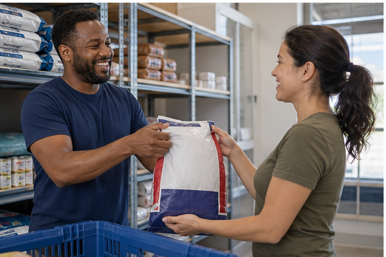 Pet food assistance volunteer helping a pet owner