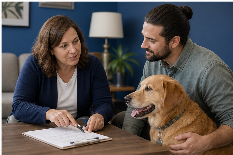 Pet care financial assistance consultation with a dog owner
