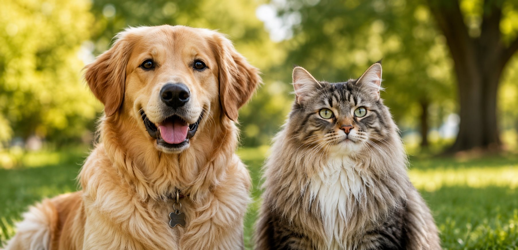 Golden retriever and long-haired cat sitting together in a sunny park