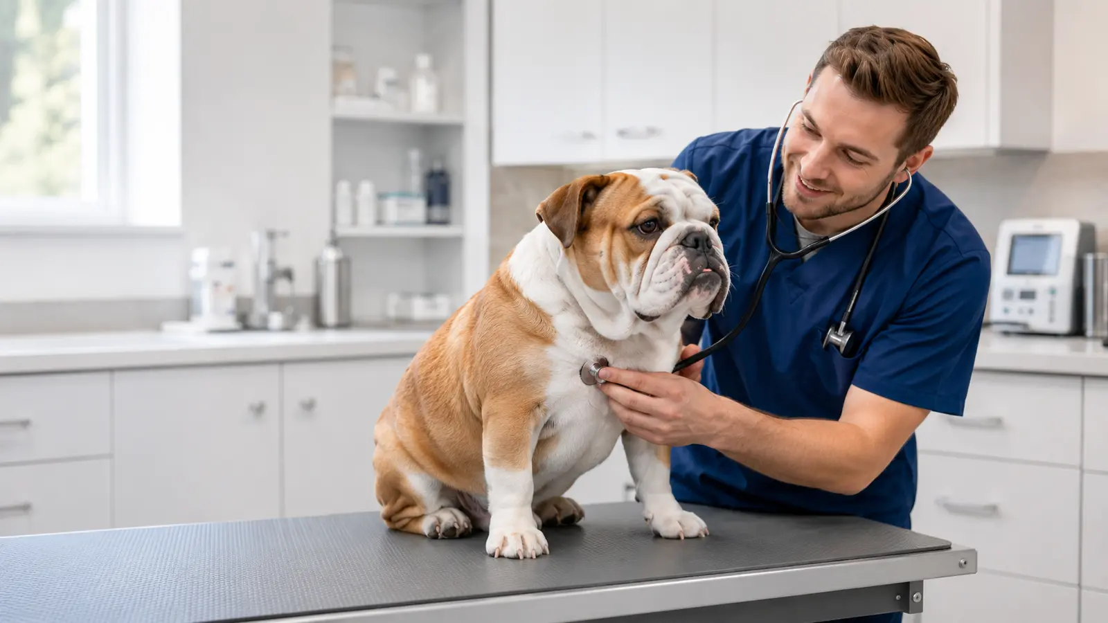 Veterinarian listening to an English bulldog’s heart during an examination