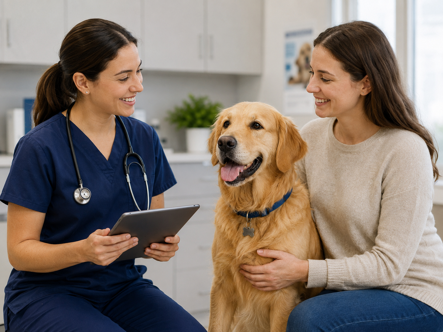 Veterinarian and pet owner with a golden retriever