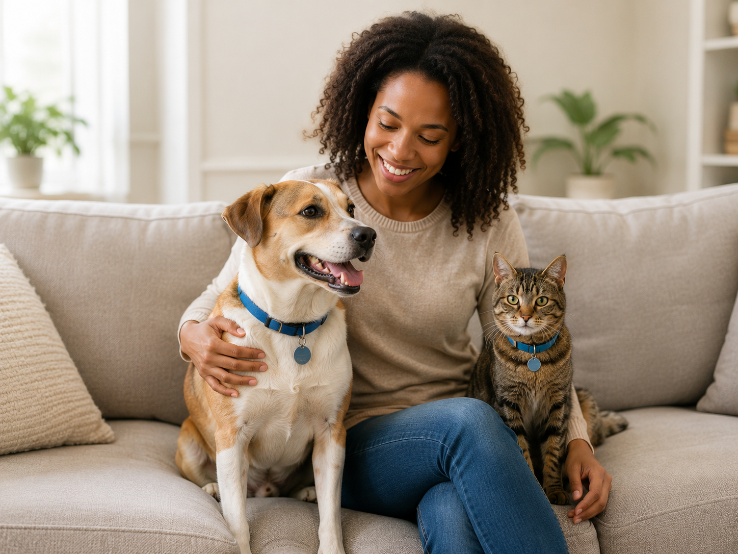 Pet owner at home with her dog and cat