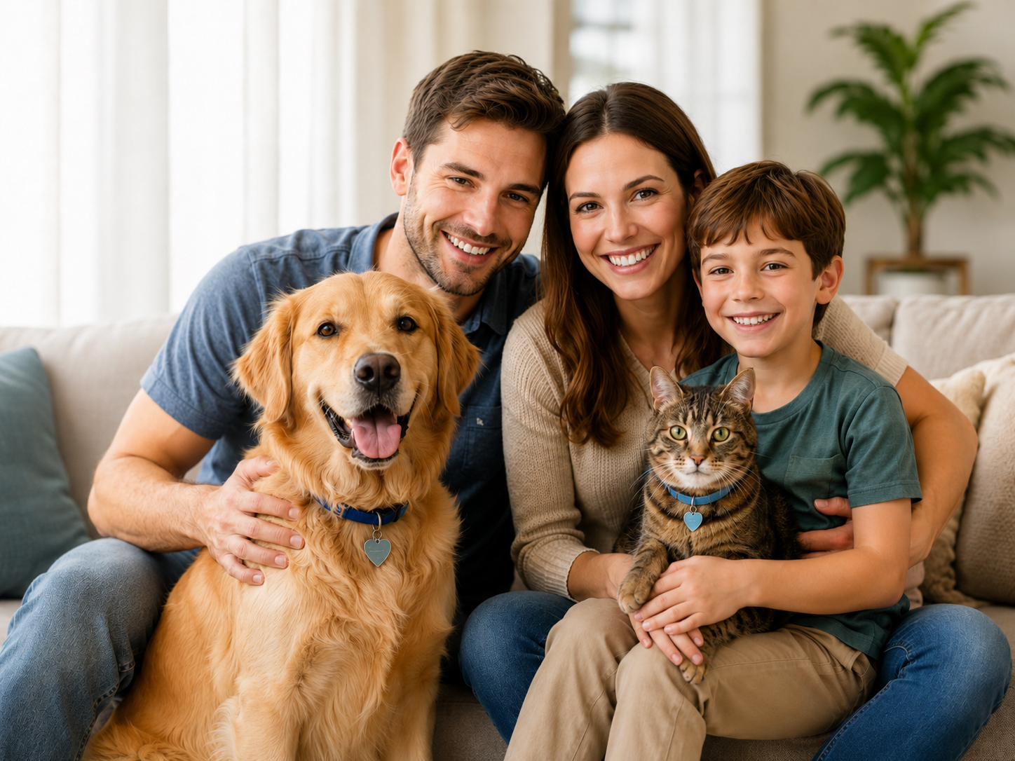 Family at home with their dog and cat