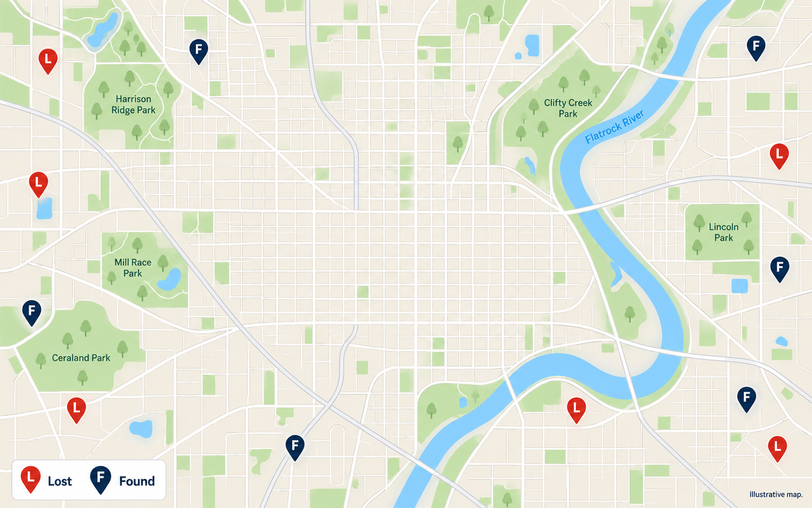 Illustrative pet-alert map with lost and found markers