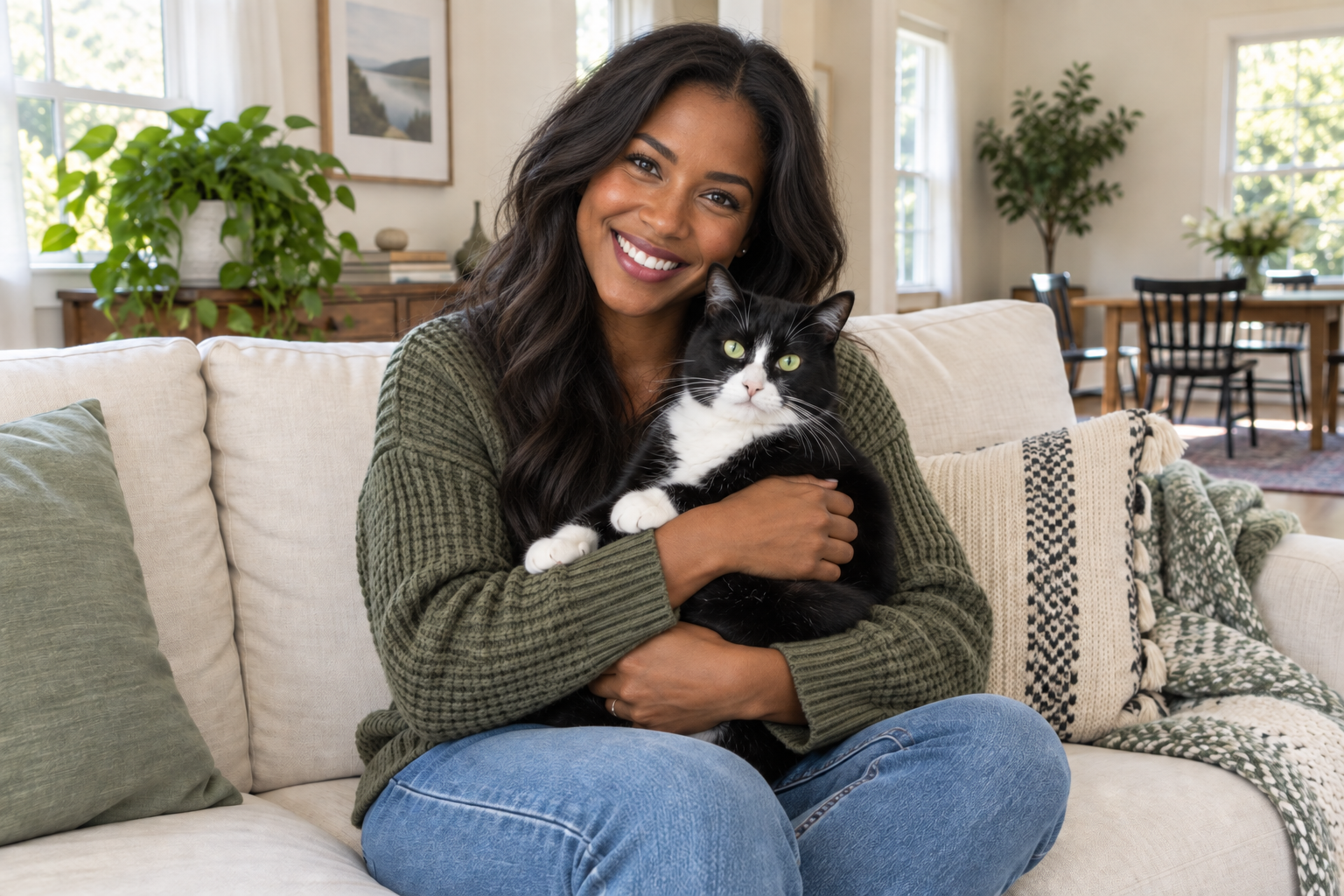 Woman with long dark hair holding a tuxedo cat — illustrative pet-sitting image